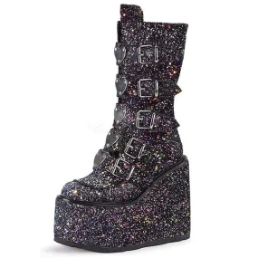 Women Handmade Wedges Heart Shape Combat Sequins Glitter Punk Boots