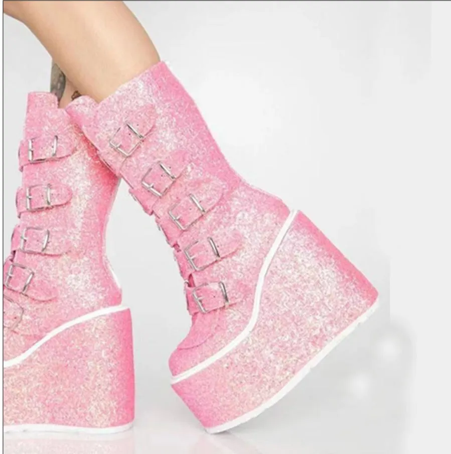 Women Handmade Wedges Heart Shape Combat Sequins Glitter Punk Boots