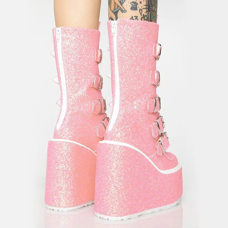 Women Handmade Wedges Heart Shape Combat Sequins Glitter Punk Boots