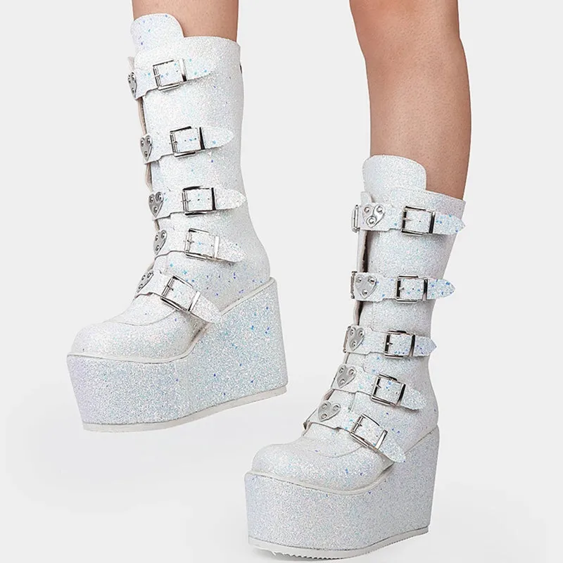 Women Handmade Wedges Heart Shape Combat Sequins Glitter Punk Boots