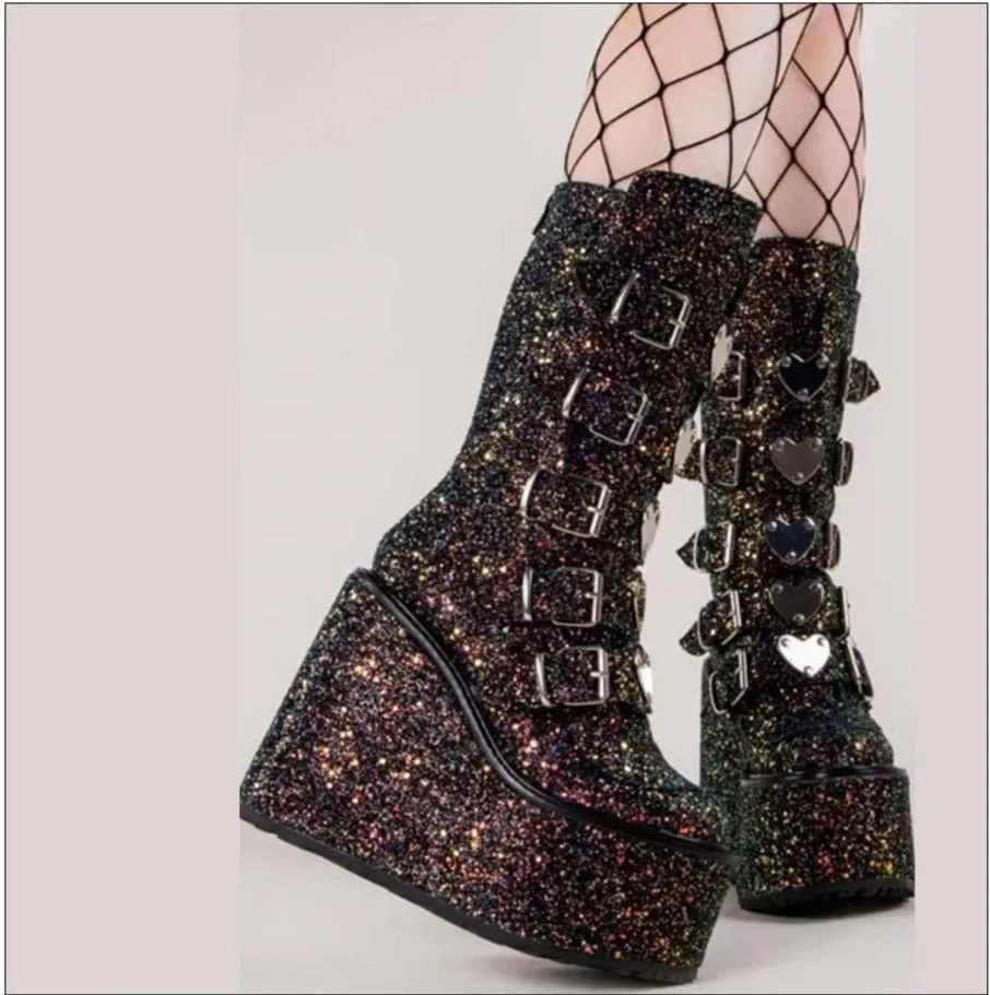 Women Handmade Wedges Heart Shape Combat Sequins Glitter Punk Boots