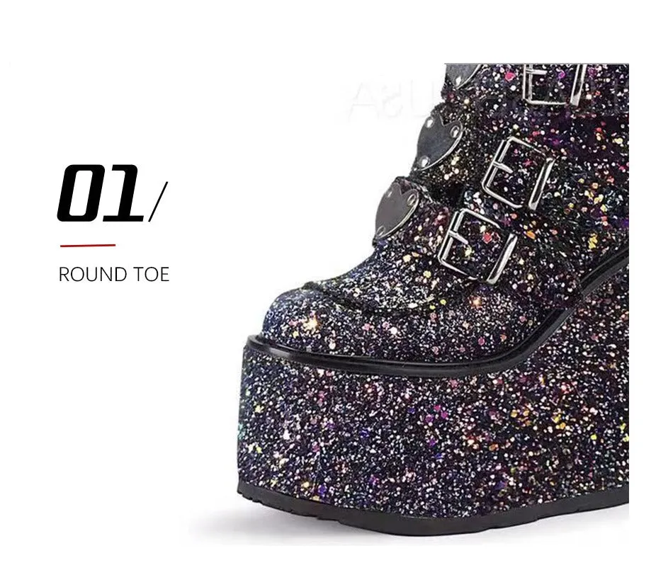 Women Handmade Wedges Heart Shape Combat Sequins Glitter Punk Boots