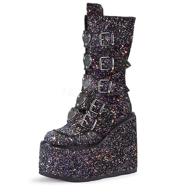 Women Handmade Wedges Heart Shape Combat Sequins Glitter Punk Boots