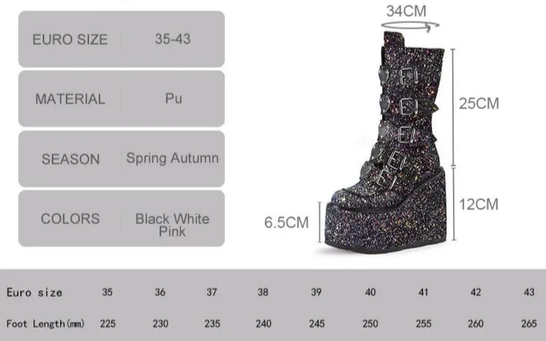 Women Handmade Wedges Heart Shape Combat Sequins Glitter Punk Boots